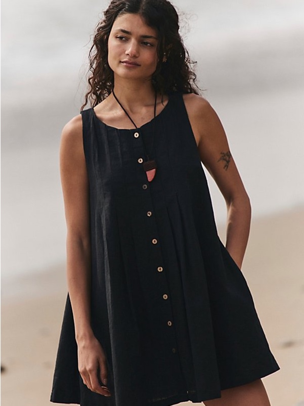 Nwot Free People Black Button-Front Sundress with Scoop Neck